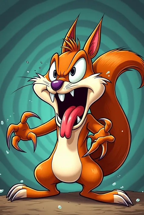  Looney Tunes-style cartoon of a squirrel with a strident and violent appearance:  his eyes are very exorbitant and with red veins that stand out , Her mouth is wide open,  his long tongue is very out and has long sharp fangs . She also splashes sweat and ...