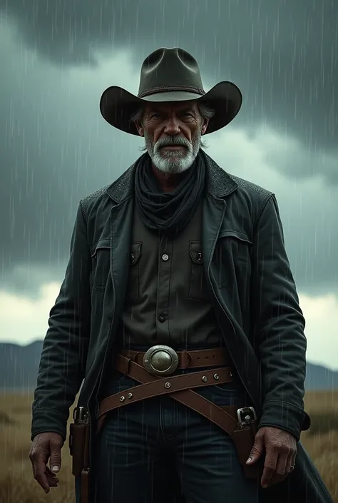 Cowboy wearing a belt and a hat on a rainy day