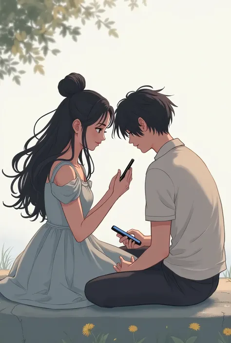  I want a black-haired girl with hair up to a little longer and the boy with the hair cut Taehyung from bts with a little long black hair with lenses,  not to see their faces , Separated at a distance each one looking at the cell phone while keeping a smil...