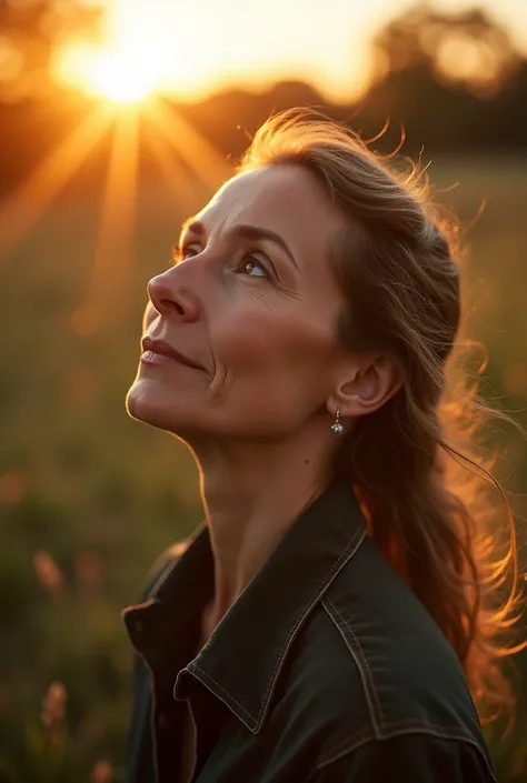 45-year-old lady with a Roman nose looking at the sun