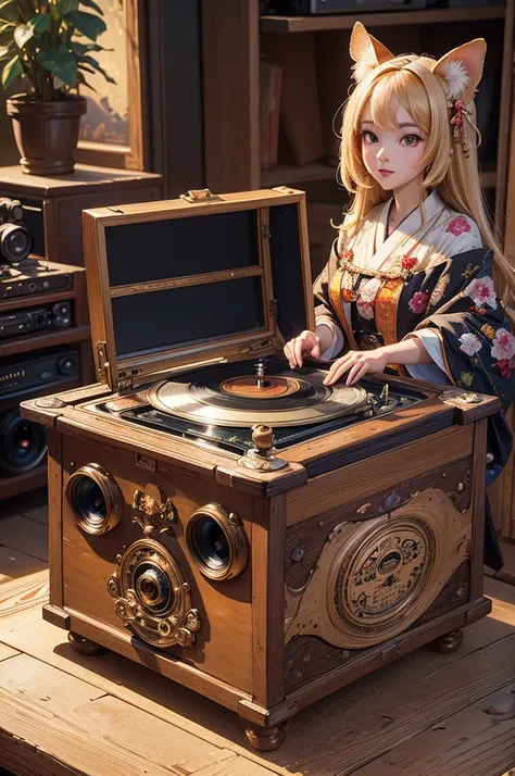 Illustrated，(masterpiece),( best quality:1.2),( very detailed:1.2),( high definition ),vintage record player, nectar，8k，Baby kitsune，