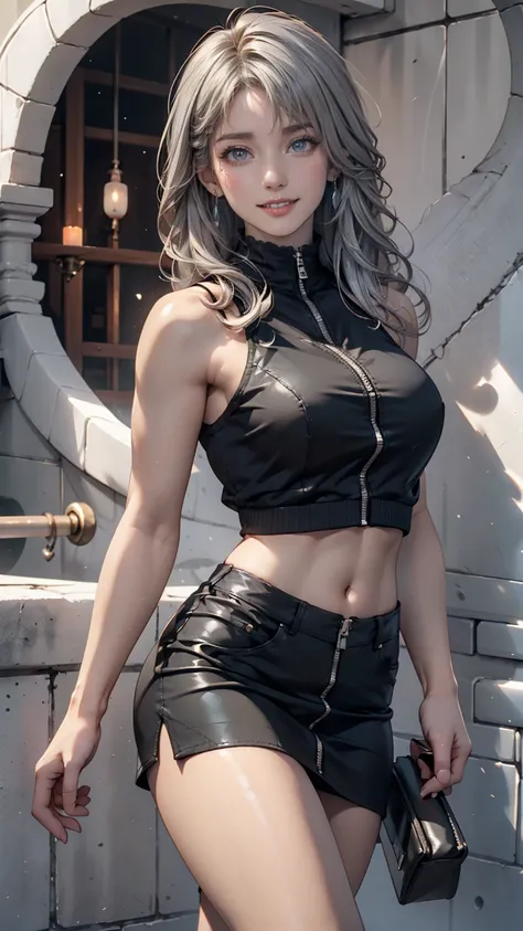 26 year old Caucasian female、  silver hair、 wearing a black sleeveless zip-up top、navel visible、Milk becomes hard to see、Low-rise black miniskirt 、 wear high heels 、 I have a clutch bag 、Long Hair、  silver hair、smile、 with art mural on an old concrete wall...