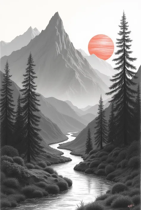 Draw in carbon pencil an Andean mountain with a sun rising at dawn ,  add a river and a growing pine tree that is of a modern level