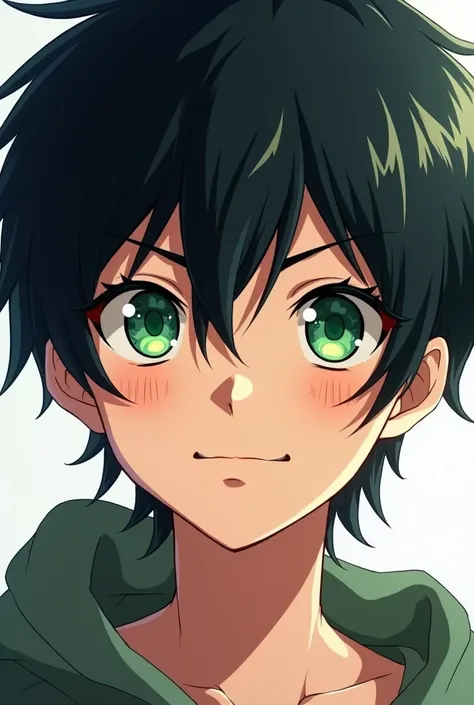 Anime teen boy with messy black hair and bright green eyes