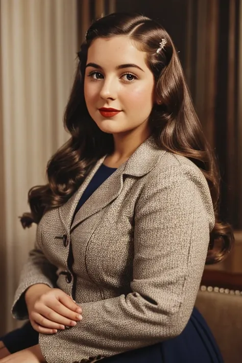 Medium view, of 24 year old, face portrait, jewish features, chubby, long hair, brown hair, 1940s hair style, 1940s clothing, in new york 1940s,