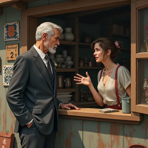 "A middle-aged, well-dressed man talking to the young woman at her roadside shop. Her expression is a mix of embarrassment and strength as she explains her story." 