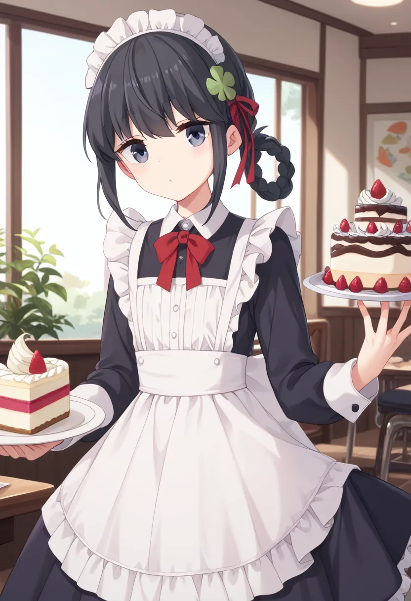 (8k), (  very detailed), (   best illustration  ), cafe。   maid clothes。. flat chested。 shorthair 。  big red ribbon barrette。fou...