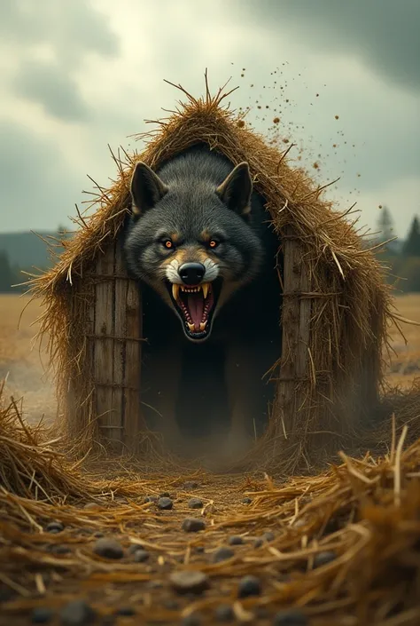 A ferocious wolf is destroying a house made of straw of one piglet