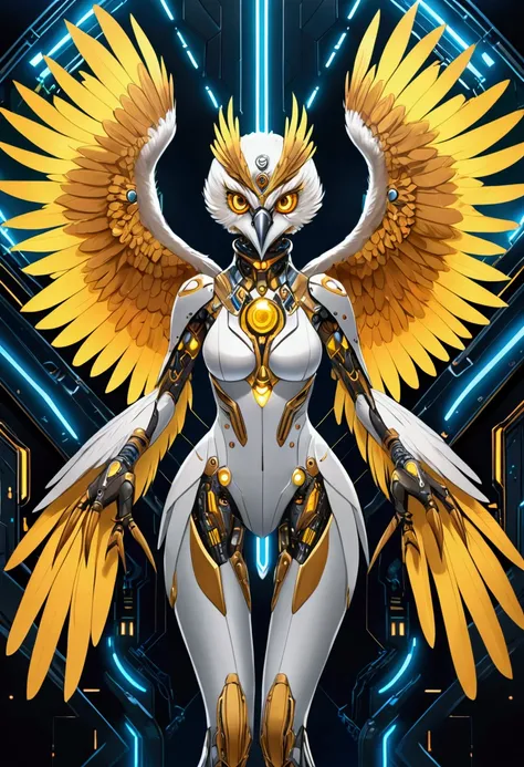 A cybernetically enhanced Harpy queen, her metallic wings shimmering in the digital glow of neon circuits and sleek, futuristic feathers. This stunning depiction is a digital painting that showcases the impeccable detail of each intricate mechanical compon...