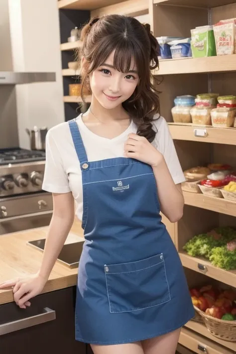 Big Eyes, cute double , A woman wearing an apron is cooking,  small ribbon on his chest , T-Shirts, Medium hair with inner curls, Knot,  cute smile with blush, knot, The front hair is held in place with a hairpin, Good looking, Kind personality,  very deta...