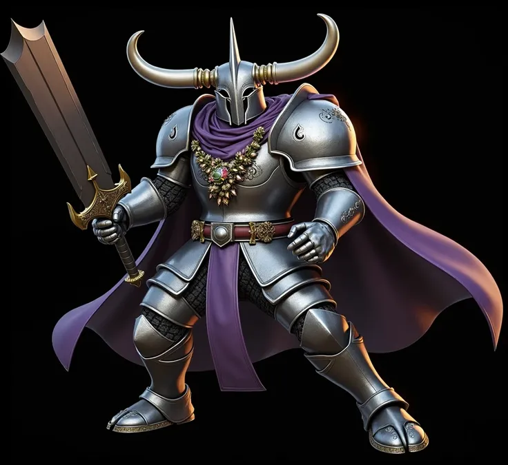 Soldier in full plate, helmet has straight horizontal horns, ridiculously large sword, royal purple cape, garland from Final Fantasy 1