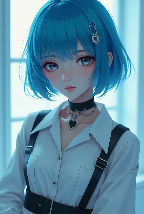 A girl with short blue hair with , brackets, choker with heart of chains .  Shirt and white skirt 