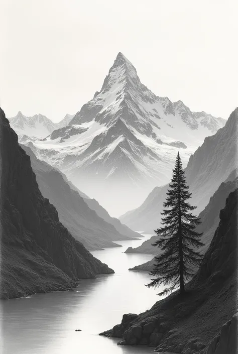 Draw in carbon pencil a Peruvian Andean mountain with snowfall and with a sun rising at dawn,  add a river and a growing pine tree that is of a modern level