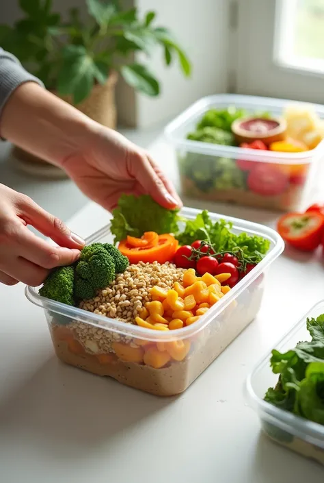 Give me making the product in a plastic box with the variety of healthy food from a food kit
