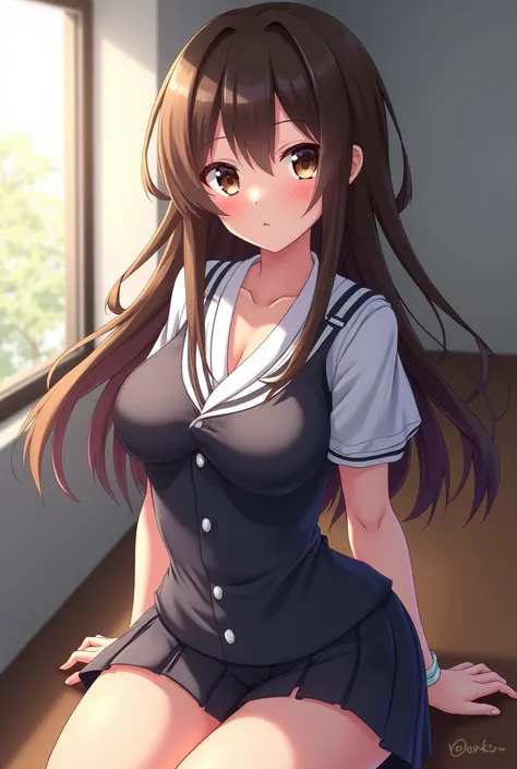 a character from anime,  with long hair ,  brown eyes, tight clothes(  Japanese student uniform), Sitting looking at the camera with the face of someone who likes to show off (Which is above her )  making the size of her huge breasts stand out