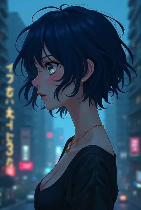  Boku No Hero Academia anime style , girl,  short wavy hair, dark blue color,  with locks of white and yellow hair , slanted eyes,  eyes of different colors one eye blue and the other eye color amber , with freckles and pale teas , well-groomed and sexy wi...