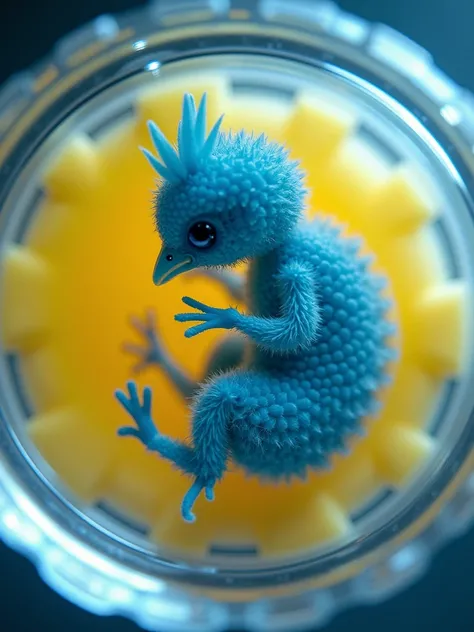 chicken embryo in a Petri dish with surrounding yellow parts the normal embryo only dyed blue the yolk sac