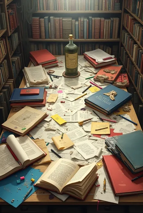 A messy desk with scattered books and papers