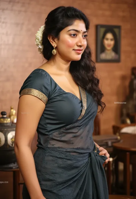 Sai pallavi,Create a photorealistic image of a middle-class Indian woman standing in a modest living room, wearing a traditional saree with her open pallu dropped (the loose end of the saree dropped) casually over one shoulder. (Expsoing cleavage and navel...