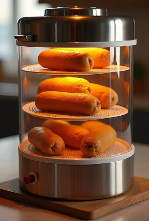 
Can you create a graphic of a food warmer with layers and corndog inside 