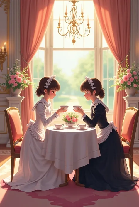      anime beautiful girl、    elementary school twin sisters、 England Big Mansion Tea Party Maid　Clothes　Full lower body    　 One is white 、The other one is black 。 