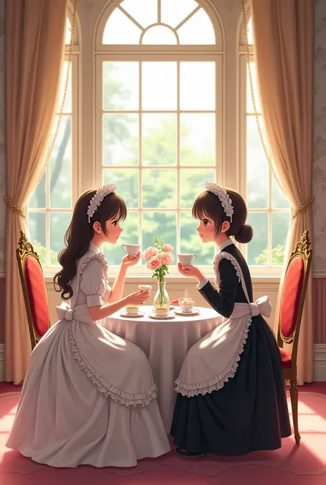      anime beautiful girl、    elementary school twin sisters、 England Big Mansion Tea Party Maid　Clothes　Full lower body    　 One is white 、The other one is black 。 