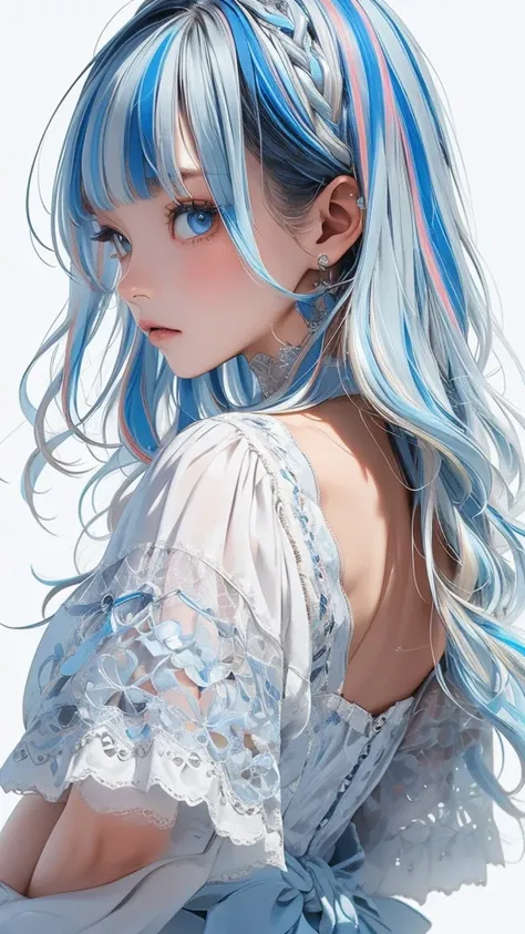   movie poster with young woman as protagonist、 (blue_hair, Silver_hair, multicolored_hair, two-tone_hair, streaked_hair:1.4)、( long hair :1.2)、(light blue clear eyes 1 .3)Glare、 Her face has a fixed expression  ,  gorgeous dress with beautiful white and l...