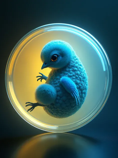 chicken embryo in a Petri dish with surrounding yellow parts the normal colored embryo only stained blue the yolk sac