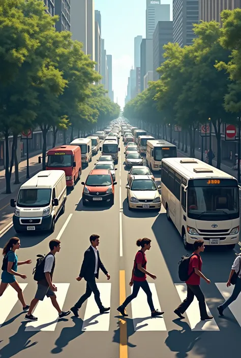 Pedestrians cross the road in front of the zebra when red traffic jams made it possible to cross.
securely


