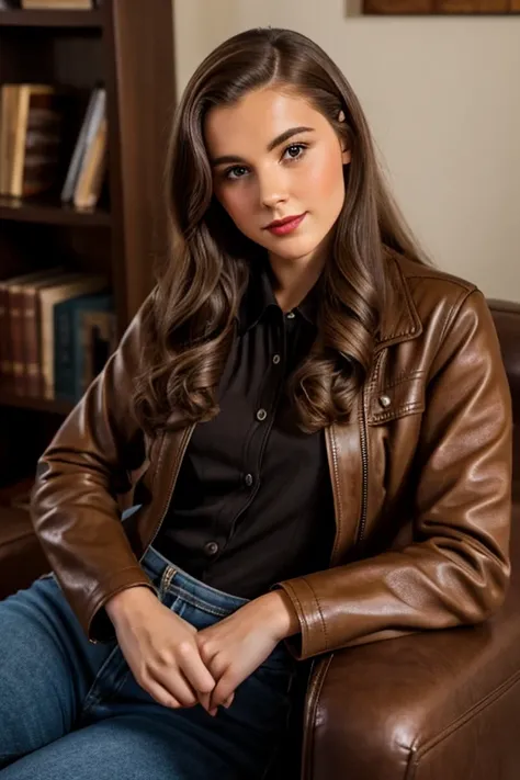 Medium view, of 24 year old, face portrait, jewish features, long hair, brown hair, 1940s hair style, 1940s blouse, leather jacket, in cozy 1940s home.