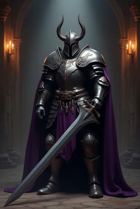 Soldier in full plate, helmet has straight horizontal horns, ridiculously large sword, royal purple cape, in a dimly lit shrine