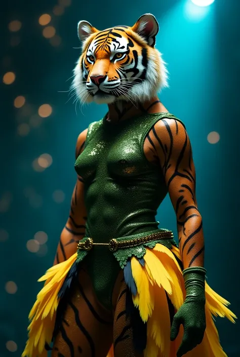 A surreal and striking composition featuring a humanoid tiger figure, blending human and tiger characteristics seamlessly. The figure has a tigers head with bold orange, black, and white stripes and expressive eyes, paired with a glittering green and gold ...