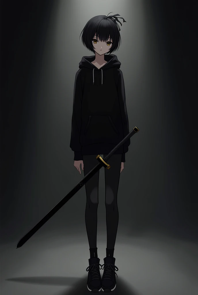  black hoodie with no text , Part 3 black pants,  Im standing with a strand of black hair ,  hair is black and ,  wearing a dark black ribbon, My eyes are dark black and , eyes are small, I have a black sword on my hand, Short stature, Small hands , My han...