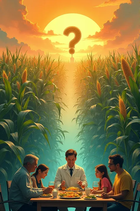 Title:  Whats on my plate ?
Vignette 1:  A large, sunny corn field .  A smiling farmer is holding a giant cob . text: " An ordinary corn field ..."
Vignette 2:  Approaching a corn seed .  Opens up to reveal a small laboratory inside with scientists working...