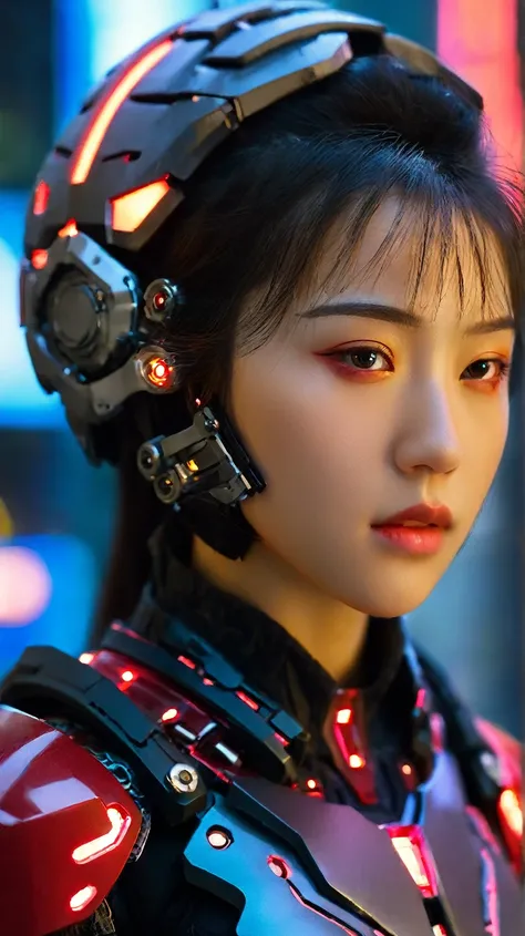  20 year old Japanese woman , red tech Chinese_armor,Alone,  Details_eye, tech shoulder _armor, tech helmet ,(flashing electronic components ), in the style of ADX2 ,  amazing,( Cyberpunk ),beautiful, (mMasterpiece:1.2), ( best quality:1.2), perfect eye,  ...