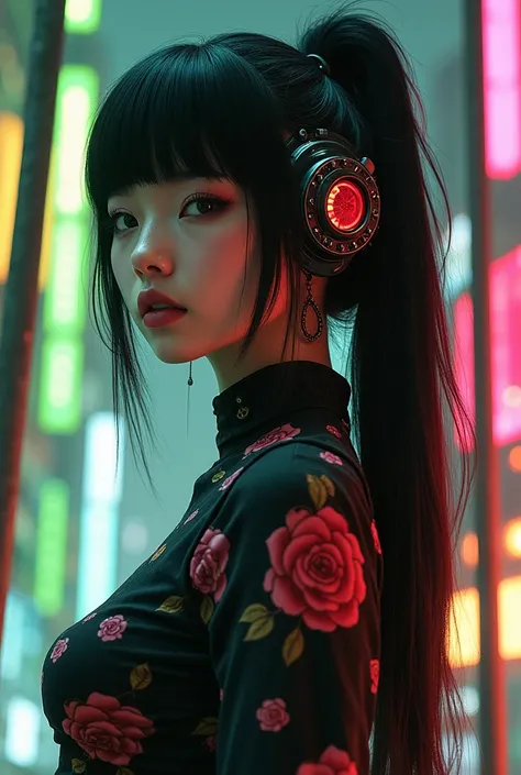  Im wearing 、 from the front、 depicting a futuristic cityscape at night 、Gothic Punk、blunt bangs、 black hair ponytail、A beautiful and cute Japanese woman 、 the rose surface shows signs of wear 。,   vertical metal beams extend upward 。Green , green, yellow,...