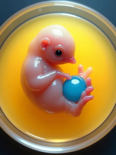 chicken embryo in a Petri dish with surrounding yellow parts the pink embryo but its yolk sac dyed blue 