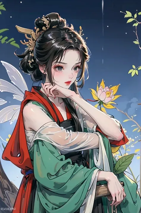 (( is of the best quality at best,  Ultra High Resolution ,  super clear)), ((( 1 girl at home))),(Long black hair), Game Fairy, lotus leaf fairy, Hanfu, ,  Elegant Light Yarn , Jewelry, (focus), ((( colorful ))), particle effects , masterpiece,  is of the...