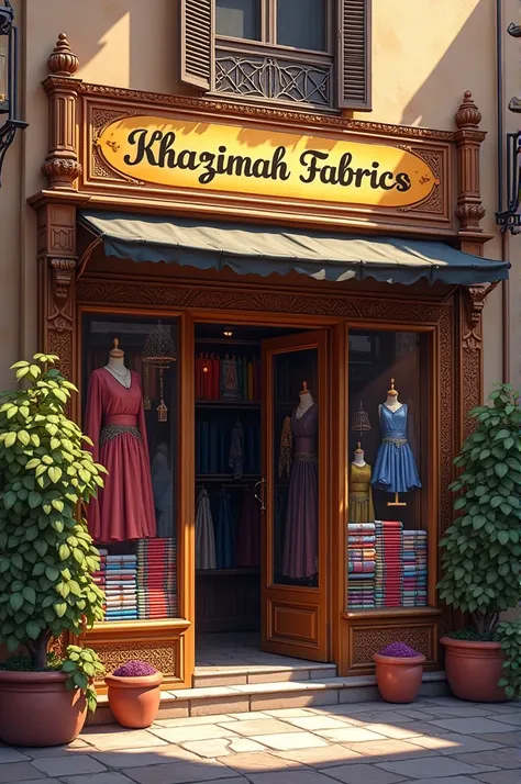  There is a cloth shop and Khazimah Fabrics is written on it 