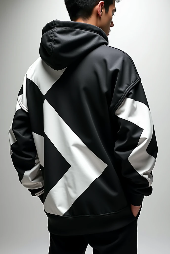 hoodie "geometric": An oversized hoodie with a geometric pattern in black with white lines, inspired by urban art .  It has an adjustable hood ,  kangaroo pockets and ribbed cuffs .