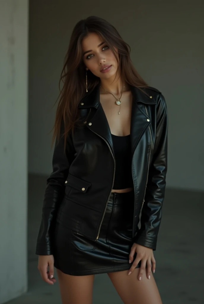 cute white skinned girl. beautiful grunge queen with long straight brown hair on sensual or sugestive pose on shiny black plastic jacket on sexy pose with black minimalis leather jacket and mini skirt posing for a picture, Eve Ryder, american barbizon scho...