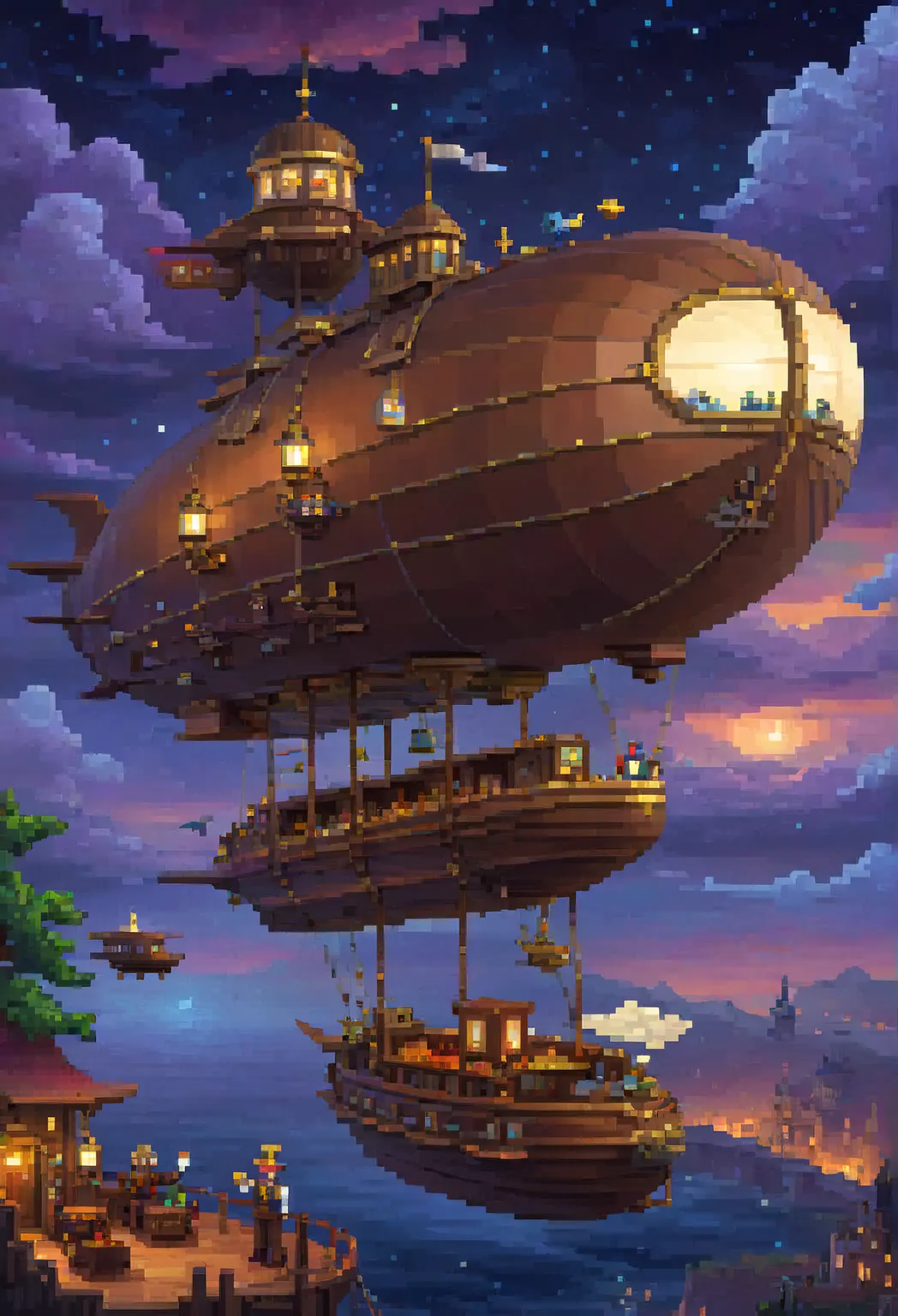 pixel art, airship fantasy, night, clouds, stars