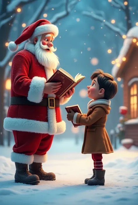 Presentation of a book about Santa Claus in a white coat on the ground who invites ren to the skating rink 