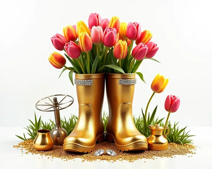 A pair of rain boots ， There are many tulips in the rain boots ， and a sprinkler is placed on the ground behind，A few small pots and shovels ， Material all gold ， The opening of the rain boots is adorned with a circle of tiny diamonds， flowers and gold , G...