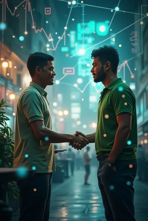 Customer handshake with banking staff who is wearing green color t- shirt. Both are sri lankan.effect network link connection and graph chart of stock market graphic diagram, internet communication, palmtop device money collecting, banking deal, Double exp...