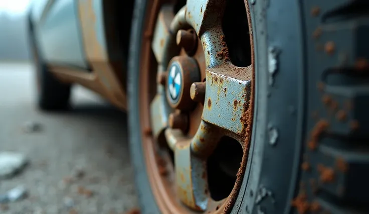 
“An extreme close-up shot of a cracked rim, showcasing the jagged edges and the intricate details of the fracture. Tiny rust spots and accumulated grime highlight its wear and tear, with a neutral blurred background to focus entirely on the damage.”