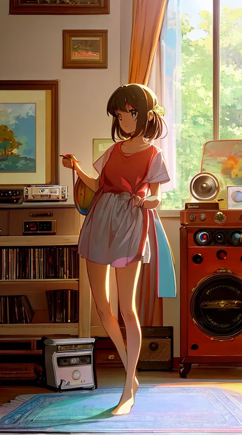 Fresh painting style，Full body angle:1.5,In the living room，With a girl，Avoid sunlight，vintage record player，Look up， anime character， super detailed，High realism，masterpiece，8k，Hyper HD，