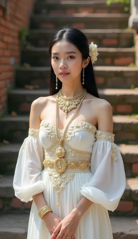 This is a high-resolution photograph featuring a young Asian woman standing outdoors in a historical setting. She has fair skin and straight, shoulder-length black hair styled in an elegant updo adorned with a delicate floral hair accessory. Her facial fea...