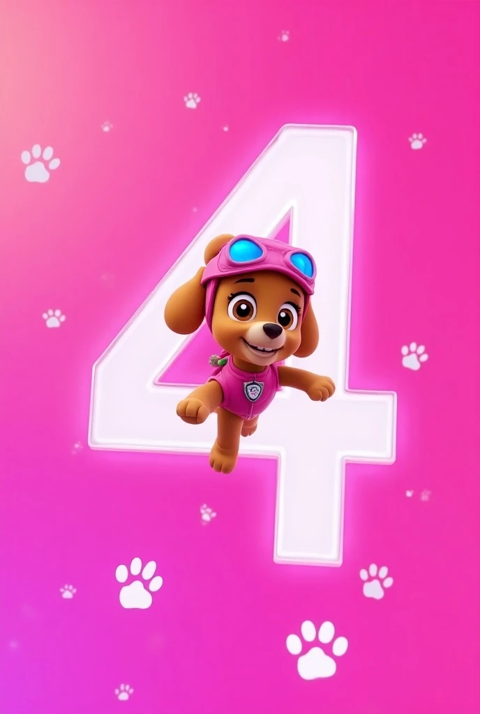 Generate the image of number 4 with reference to the character Skye from Paw Patrol girl in fuchsia pink gradient inside number four with little dog prints in white