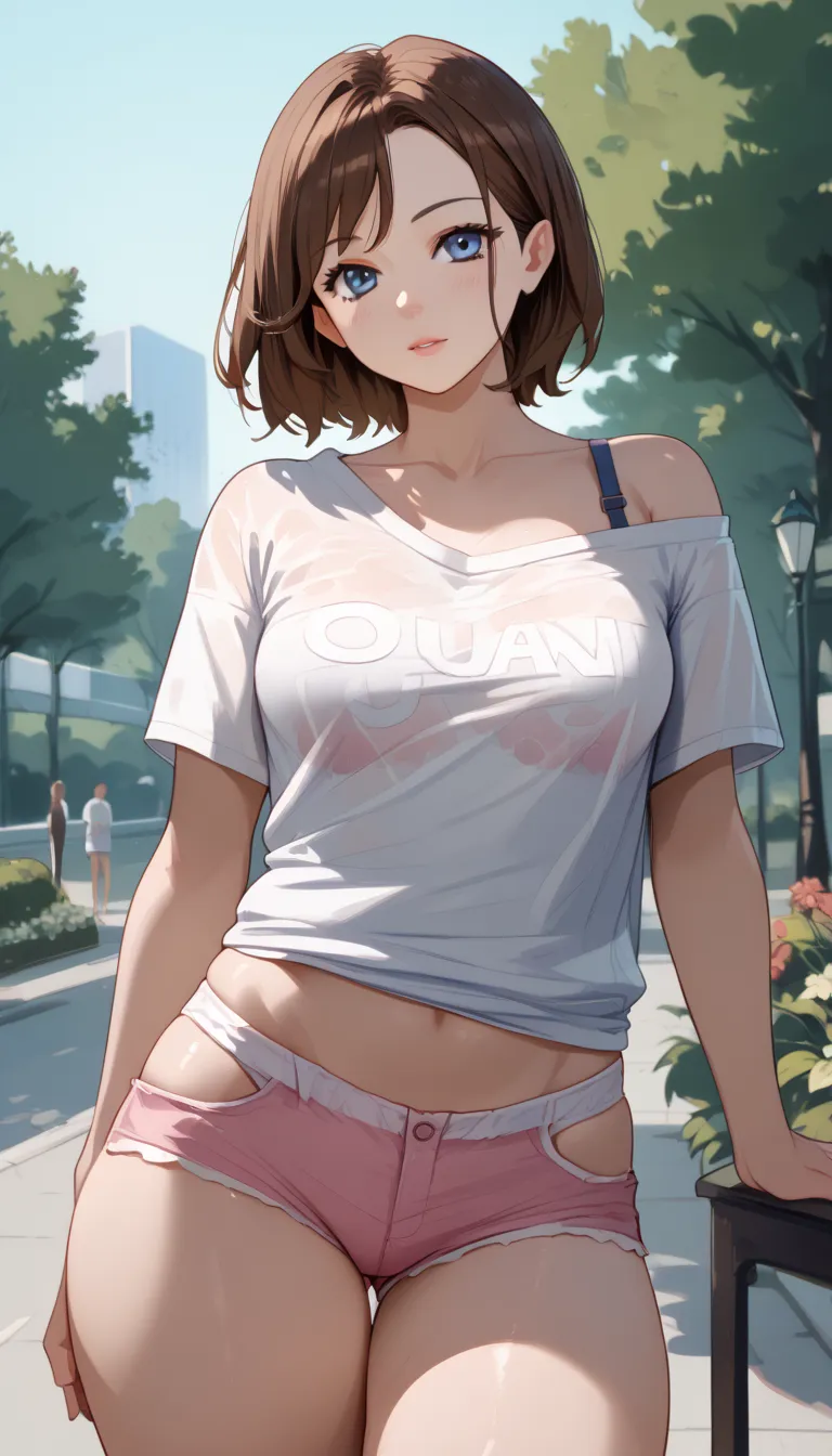 young woman with short brown hair, medium breast , large thighs, blue eyes , he is wearing a white t-shirt , polera one off shou...